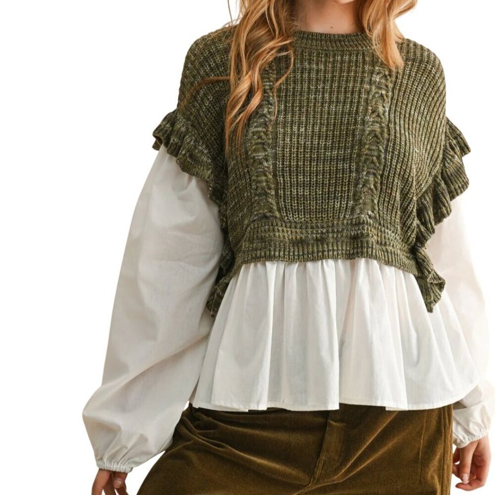 Self Contrast Sweater Combo Long Bishop Sleeve Blouse Olive White Size M